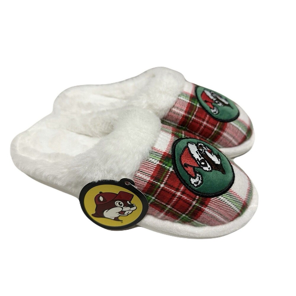 NEW Buc-ee's Womens Size 6-7 Plush Christmas Slippers Cozy Red & Green Plaid - Picture 2 of 6